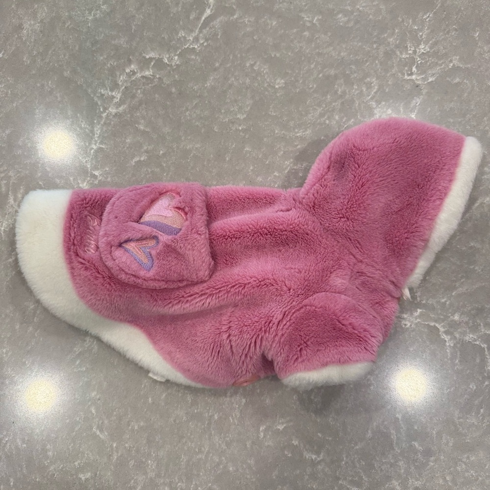 Vintage Barbie Pink Plush Dog Coat with Hood & Pocket Hearts Size Small - Picture 3 of 11